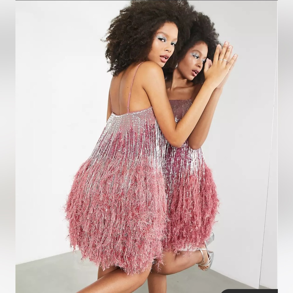 ASOS EDITION beaded fringe cami mini dress with faux feather hem in pink